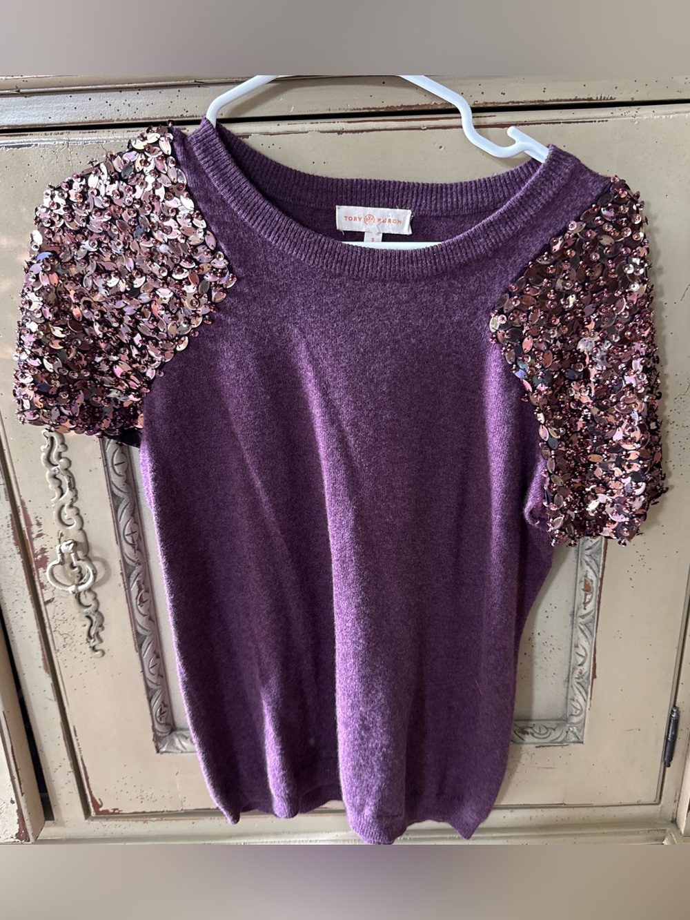 Tory Burch Purple Short-Sleeve Sweater with Pink Sequin Shoulders
